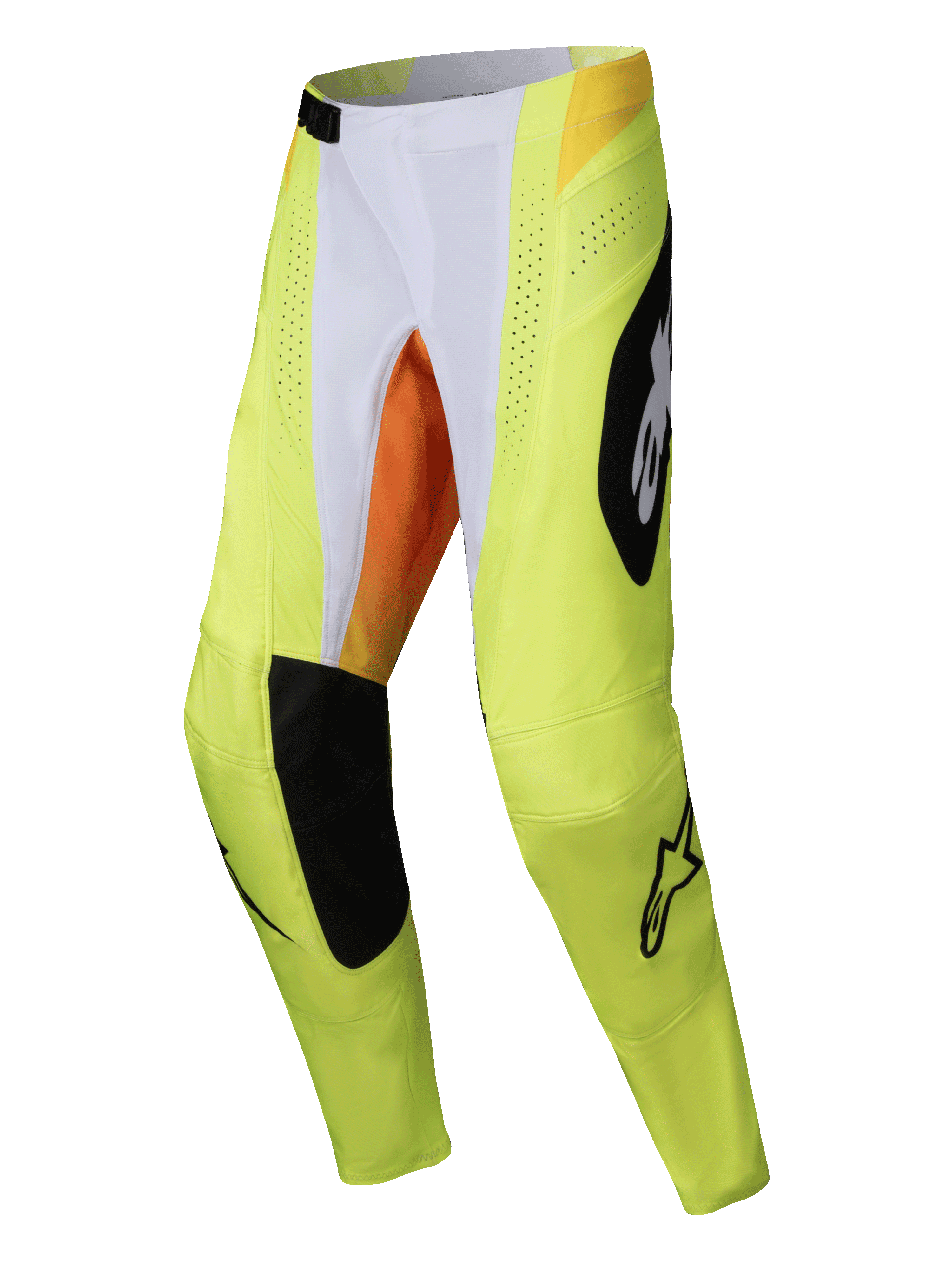 Alpinestars 2025 Techstar Melt Pants, Motocross Pants, Neon Yellow and Black with white and orange accents, featuring large black Alpinestars logos, laser-cut ventilation perforations, and durable panels for off-road racing