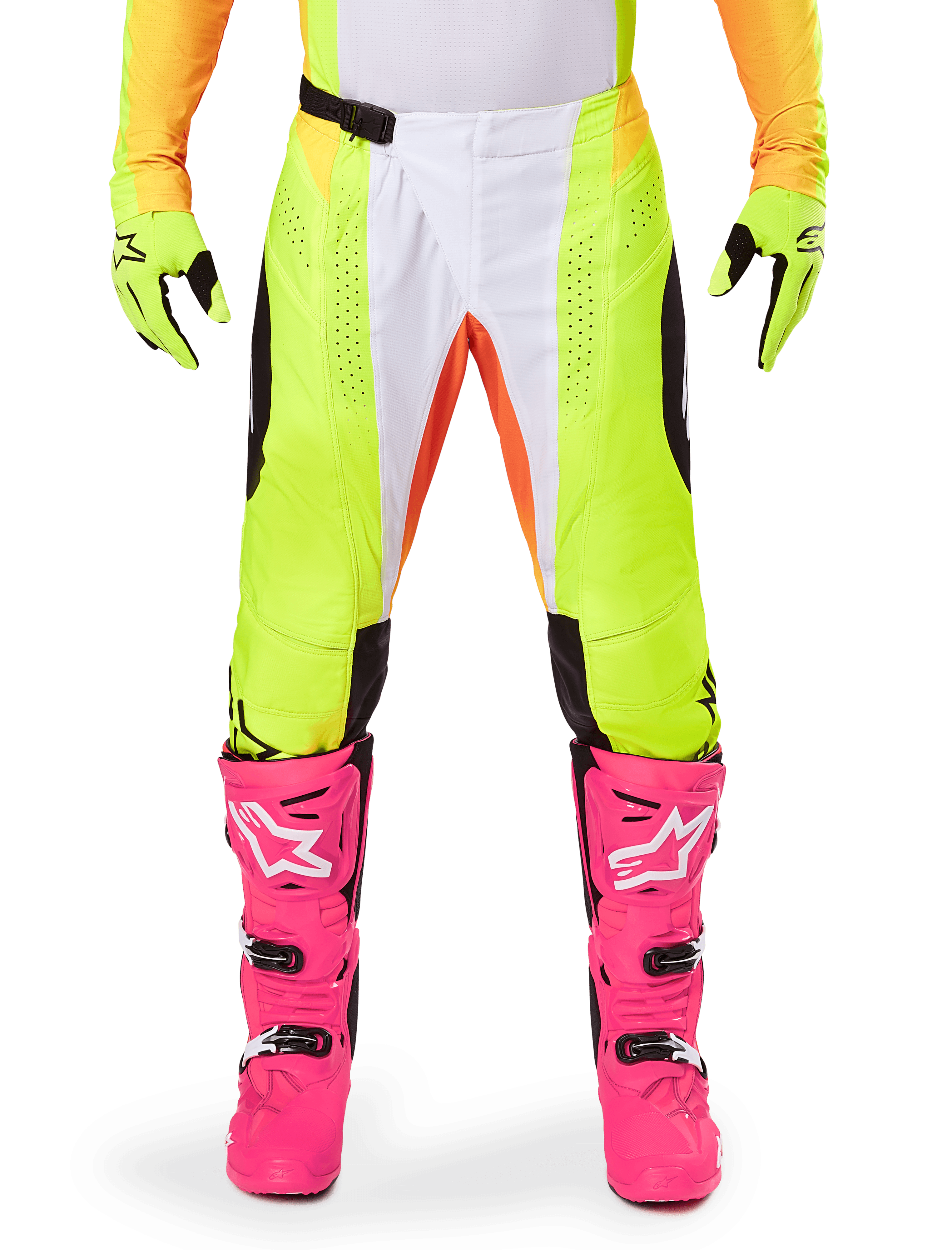 Alpinestars 2025 Techstar Melt Pants, Motocross Pants, Neon Yellow and White with Orange accents, worn with matching yellow gloves and bright pink motocross boots, features perforated ventilation panels and magnetic waist buckle, high-performance racing gear.