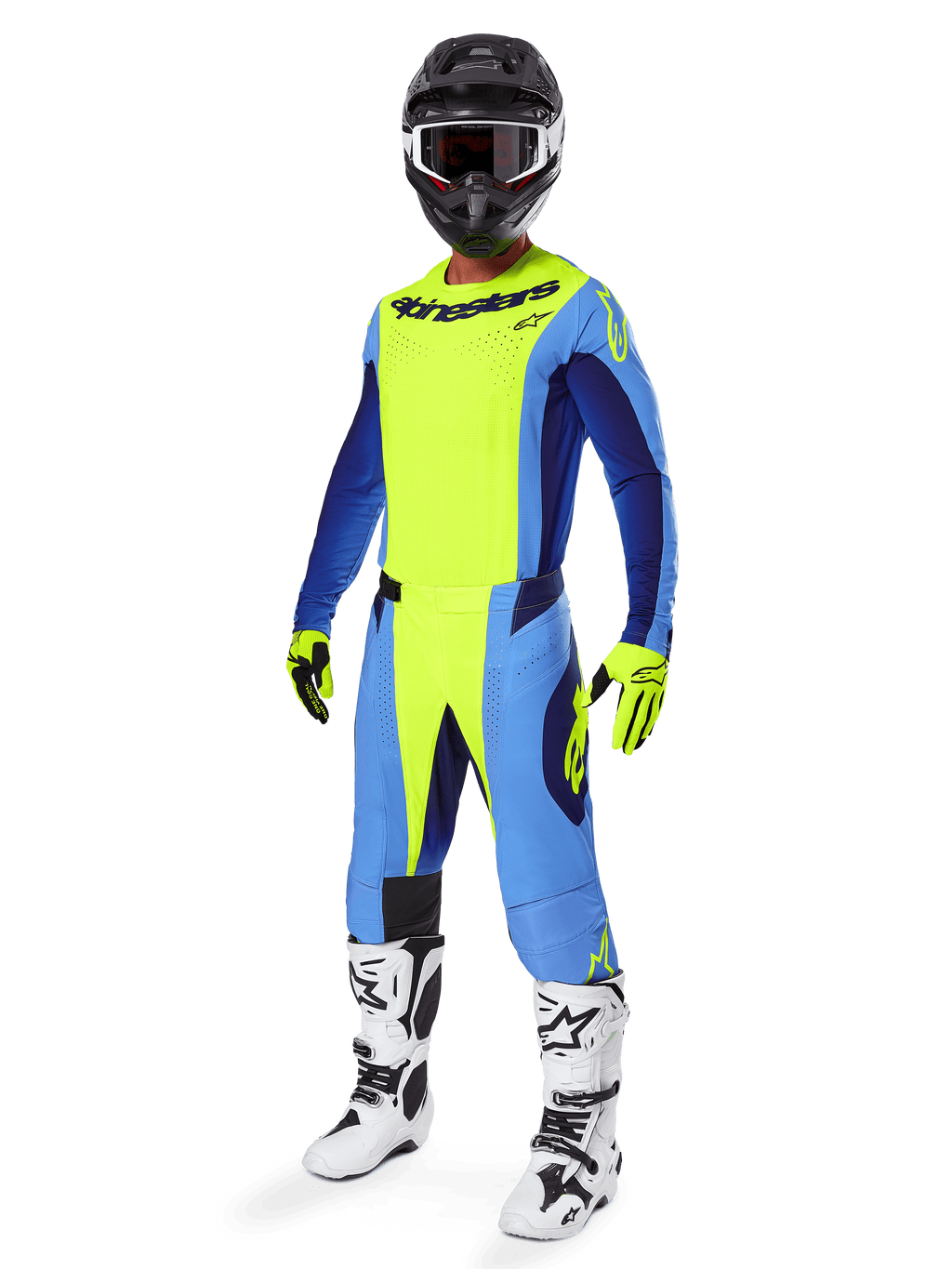 Alpinestars 2025 Techstar Melt Pants, Motocross Pants, Yellow Fluo and Blue, worn as part of a complete racing gear set with matching jersey, yellow and black gloves, white and black boots, and black helmet with white goggles, coordinated off-road performance gear.