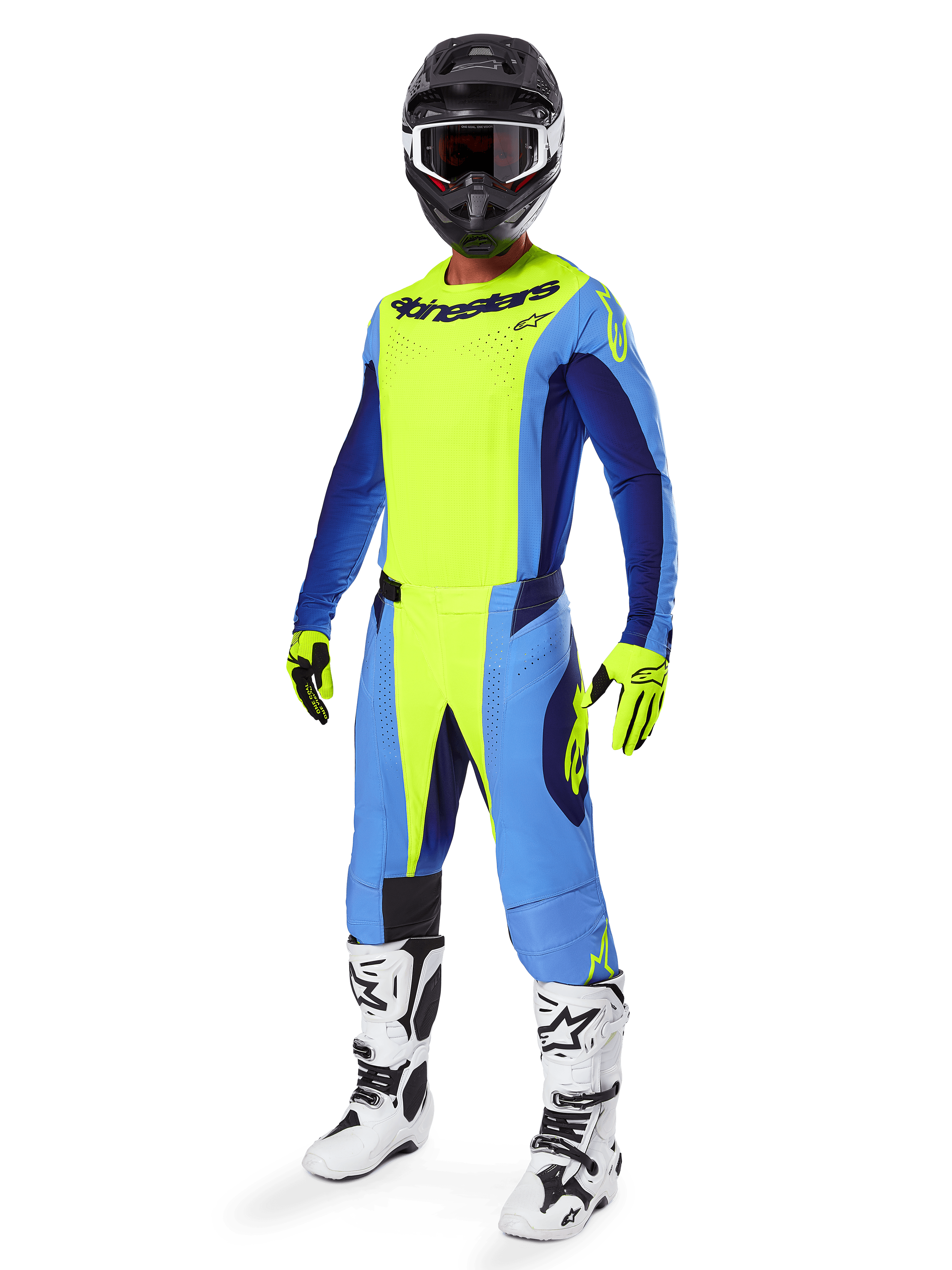 Alpinestars 2025 Techstar Melt Pants, Motocross Pants, Yellow Fluo and Blue, worn as part of a complete racing gear set with matching jersey, yellow and black gloves, white and black boots, and black helmet with white goggles, coordinated off-road performance gear.