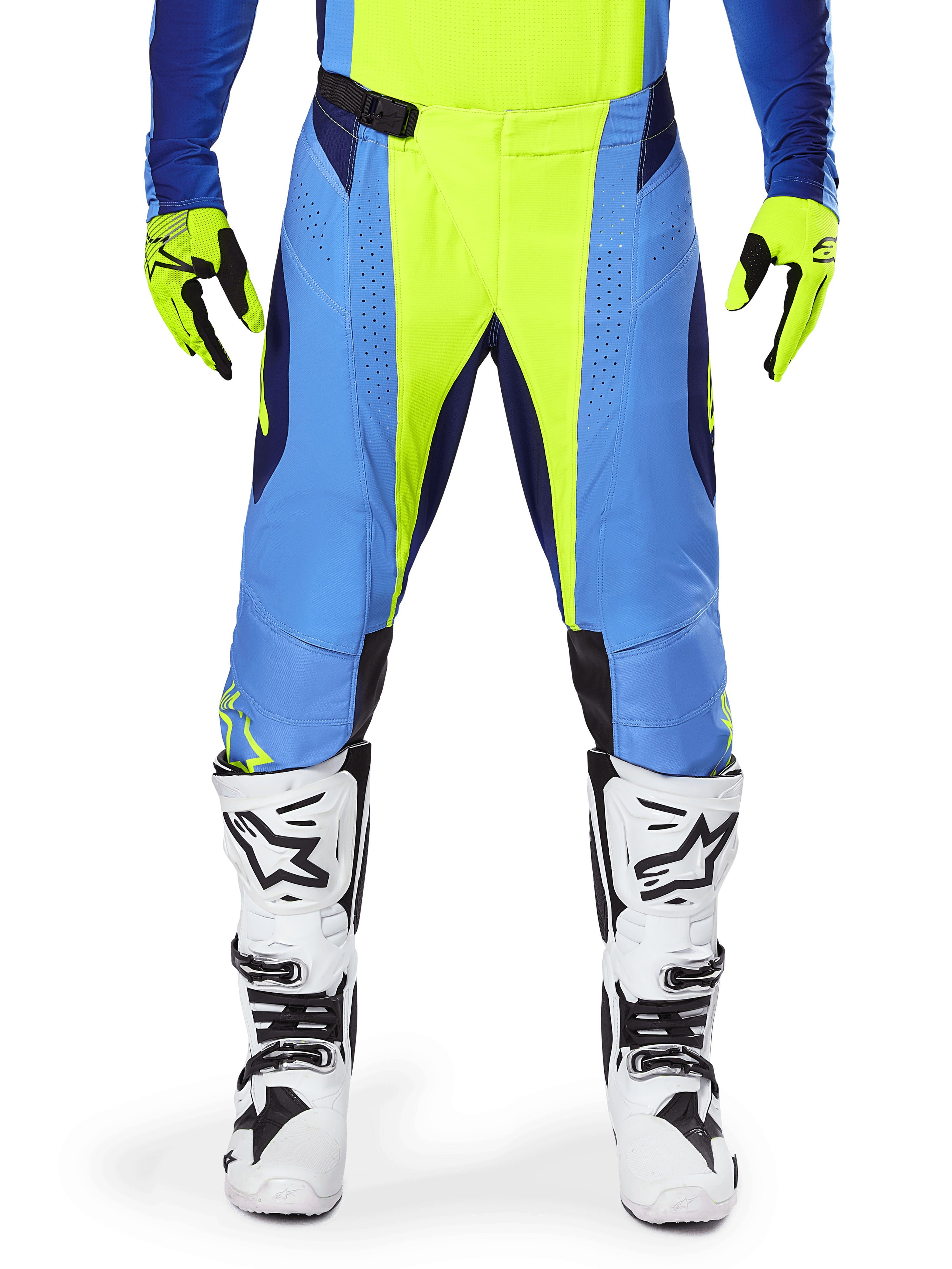 Alpinestars 2025 Techstar Melt Pants, Motocross Pants, Yellow Fluo and Blue, worn with matching gloves and white boots, featuring blue panels and fluo yellow accents, performance-driven design for off-road racing