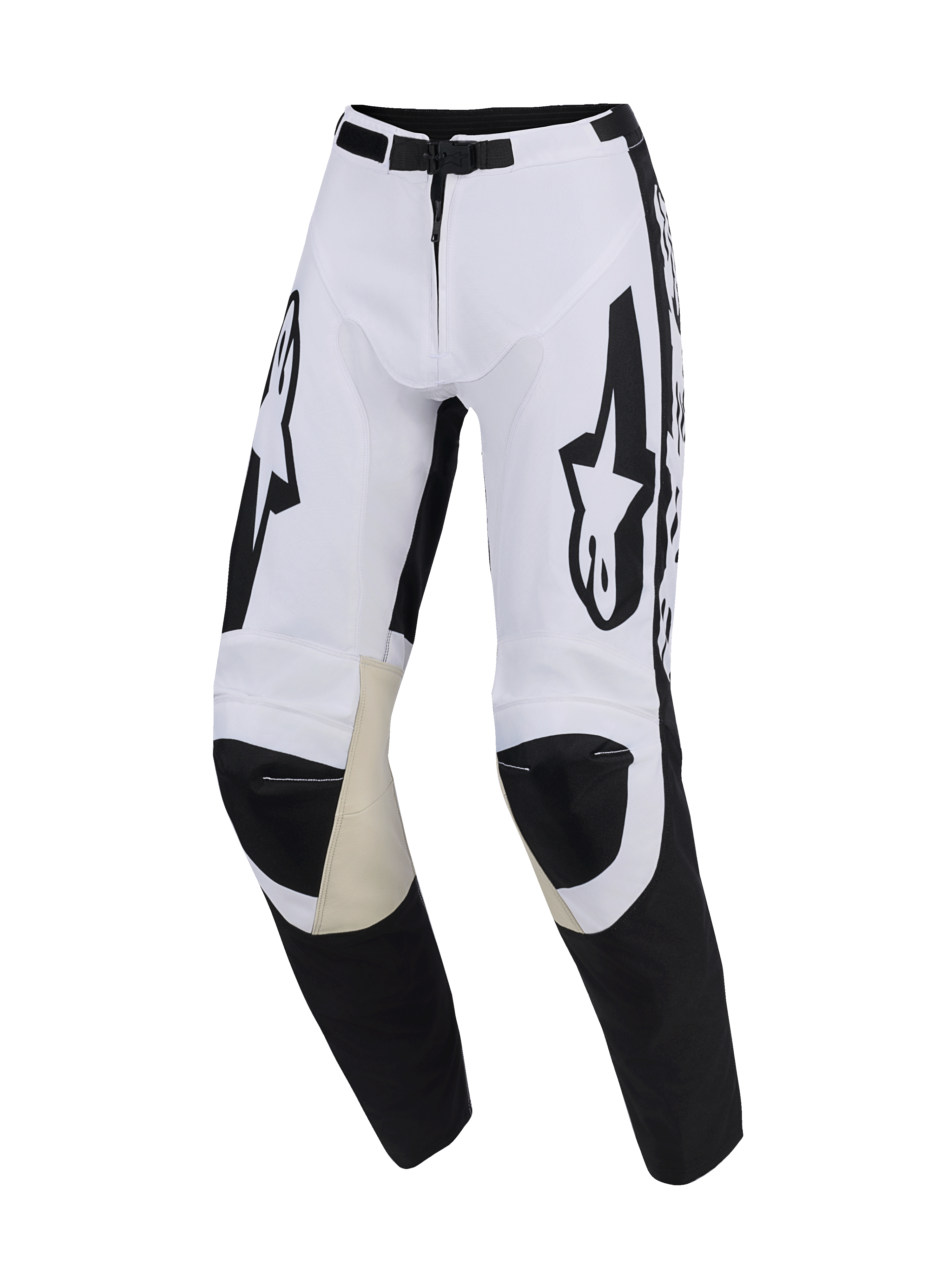 Alpinestars 2026 Racer Riway Pants, Motocross Pants, White and Black, featuring tan goat leather inner knee panels, large black Alpinestars logos on the thighs, magnetic buckle closure, and sporty pre-curved design for off-road riding