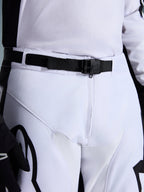 Alpinestars 2026 Racer Riway Pants, Motocross Pants, White and Black, close-up of the waist featuring the SX2 magnetic buckle and adjustable belt, durable polyfabric construction with black branding.