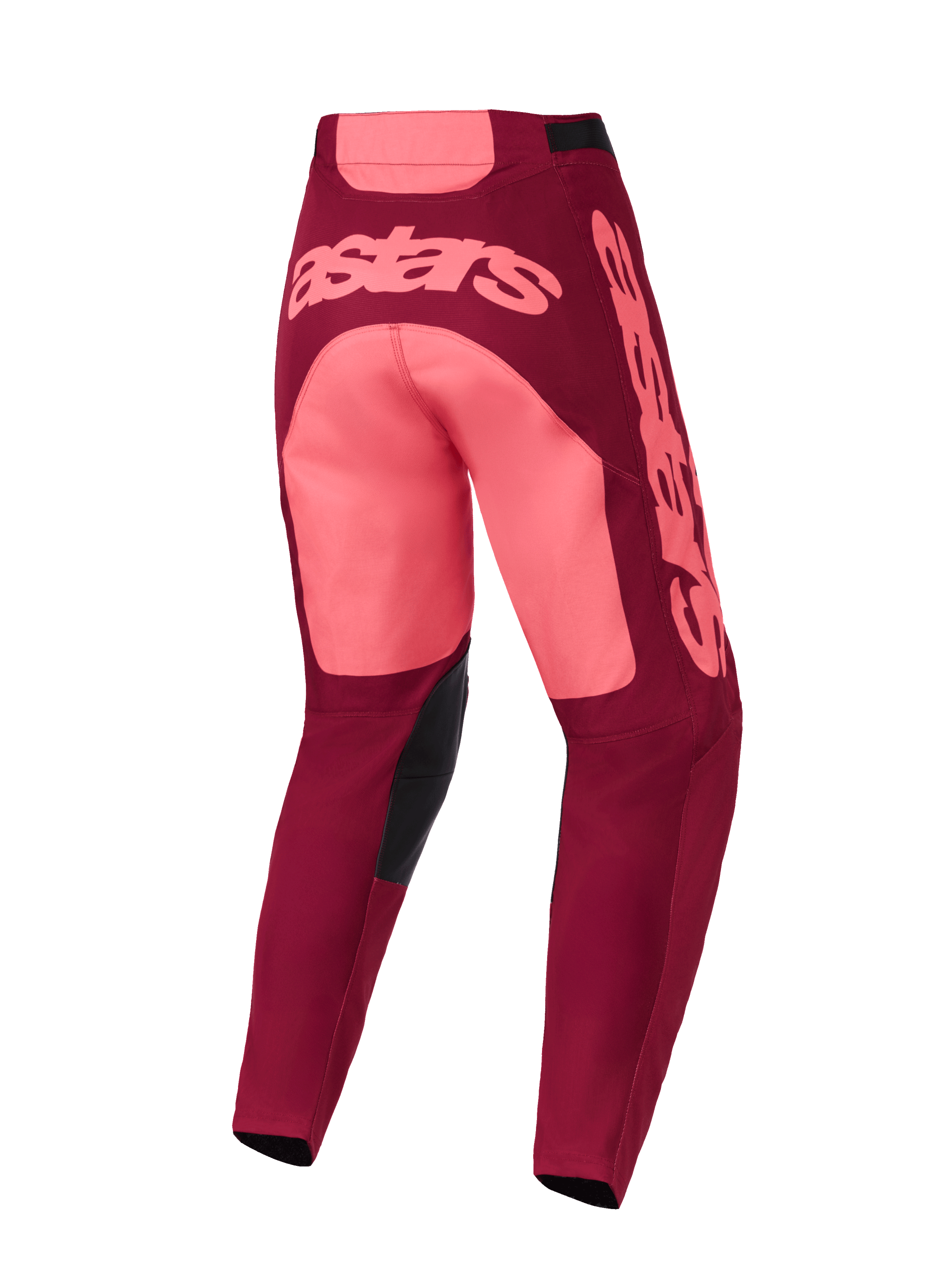 Alpinestars 2026 Racer Riway Pants, Motocross Pants, Dark Red Coral, back view featuring large pink Astars branding across the seat and leg, black inner knee patches, ergonomic design for off-road performance.
