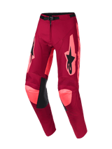 Alpinestars 2026 Racer Riway Pants, Motocross Pants, Dark Red Coral, featuring bright coral accents on the knees and sides, black Alpinestars logo on the thighs, black leather inner knee panels, and adjustable waist buckle, durable off-road racing design