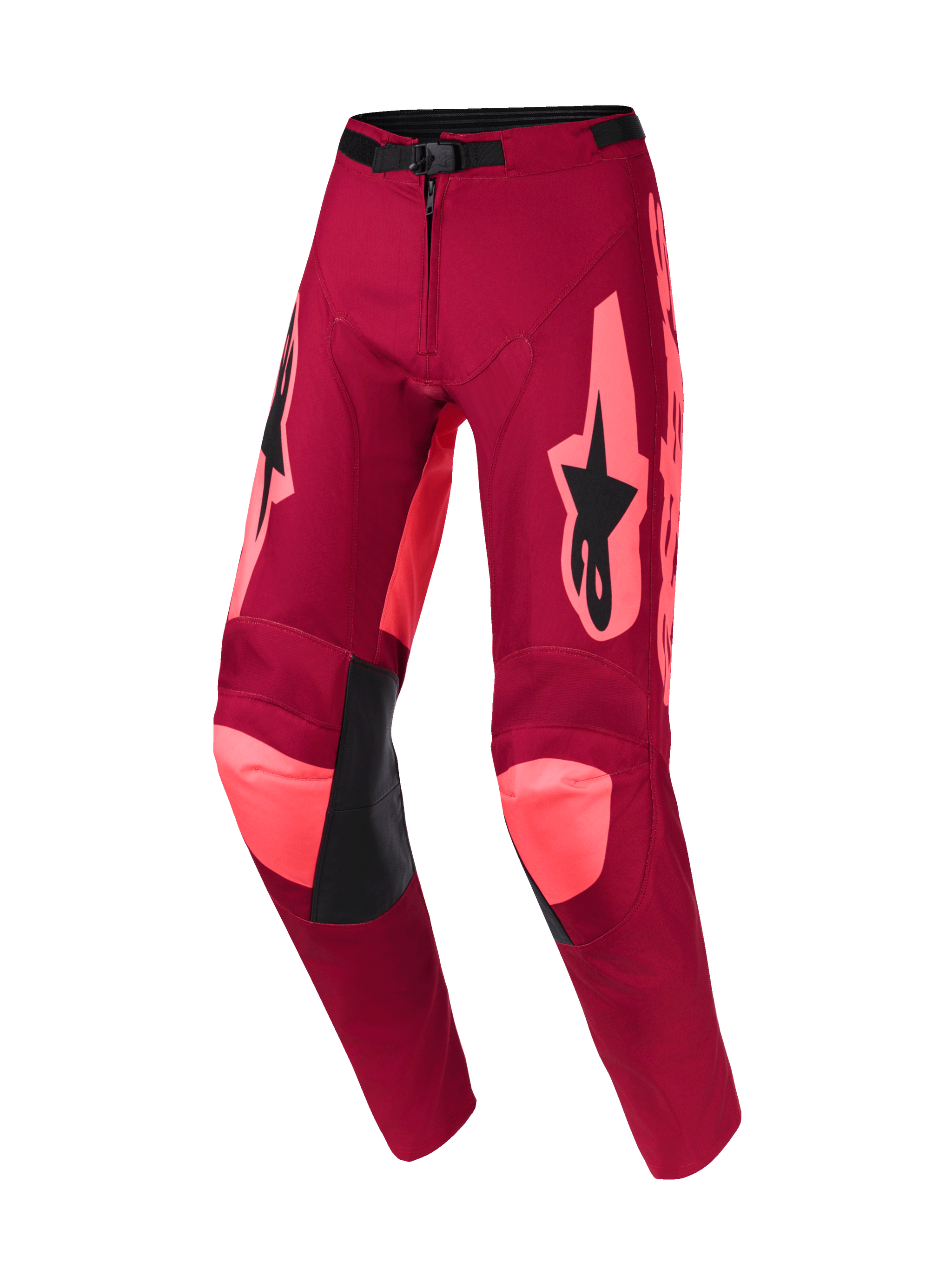 Alpinestars 2026 Racer Riway Pants, Motocross Pants, Dark Red Coral, featuring bright coral accents on the knees and sides, black Alpinestars logo on the thighs, black leather inner knee panels, and adjustable waist buckle, durable off-road racing design