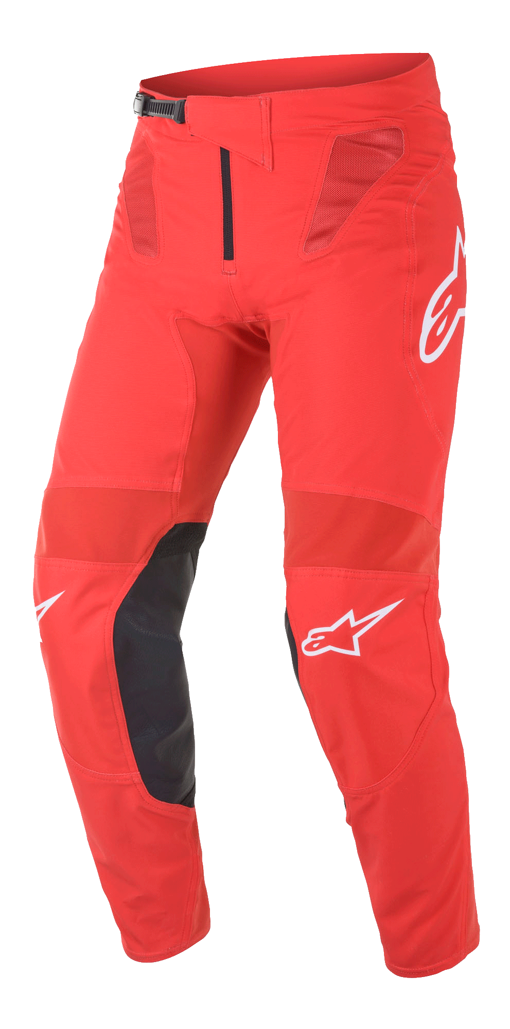 Alpinestars Supertech Blaze Pants, Motocross Racing Pants, Bright Red and Black, featuring mesh ventilation panels, black leather inner knee reinforcements, white A-star logo accents, and an adjustable waist ratchet buckle for high-performance off-road riding