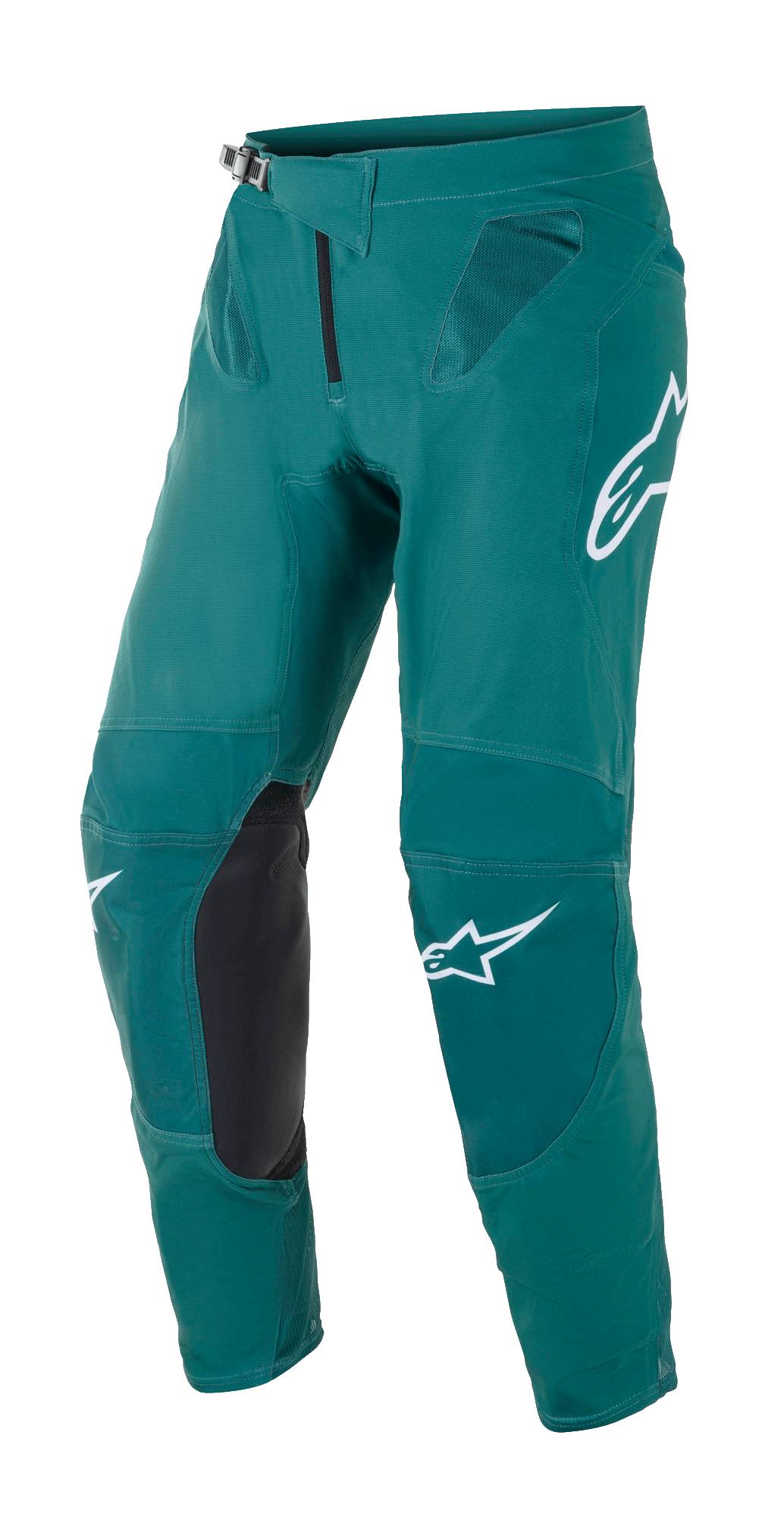 Alpinestars Supertech Blaze Pants, Motocross Pants, Dark Green, featuring white Alpinestars logos, black leather knee reinforcement panels, ratchet waist closure, and mesh ventilation at the hips, durable construction for off-road racing
