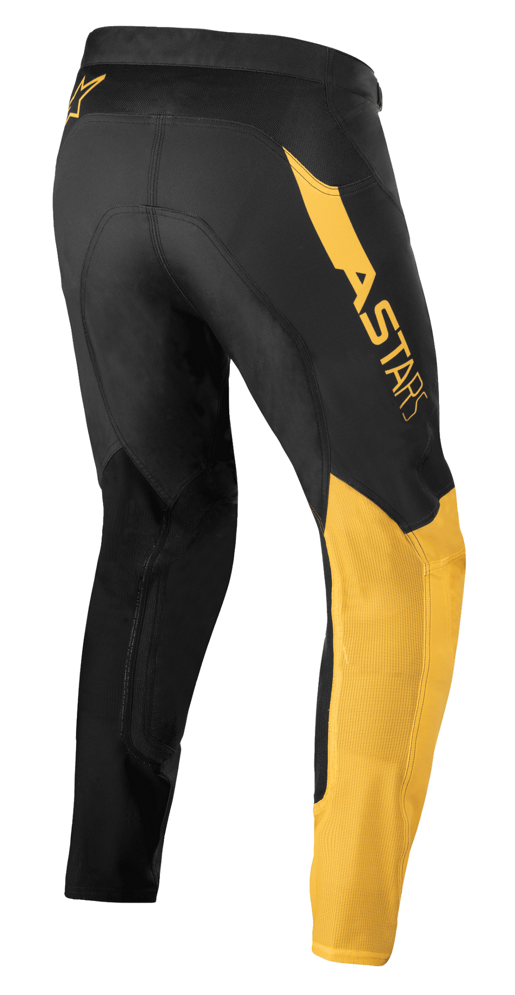 Alpinestars Supertech Blaze Pants, Motocross Pants, Black and Warm Yellow, rear side view, featuring bold 'ASTARS' logo on the hip, yellow paneling on the leg, and technical stretch textile for off-road performance.