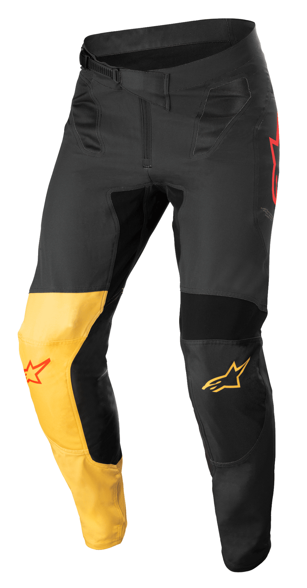 Alpinestars Supertech Blaze Pants, Motocross Pants, Black, Warm Yellow and Red Fluo, featuring a distinctive yellow knee panel, red star logo accents, secure ratchet waist closure, and reinforced protective panels for off-road performance.