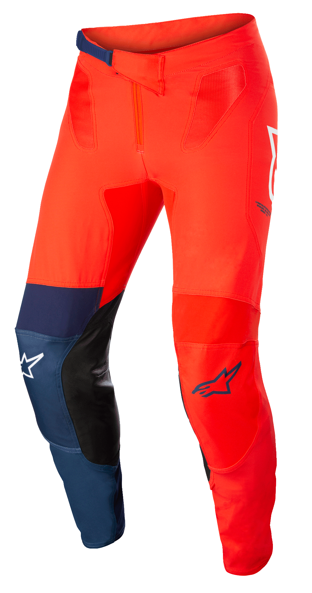 Alpinestars Supertech Blaze Pants, Motocross Off-Road Pants, Bright Red and Dark Blue with White accents, featuring black leather inner knee patches, adjustable ratchet waist closure, white and blue Alpinestars logos, durable stretch construction for motocross racing