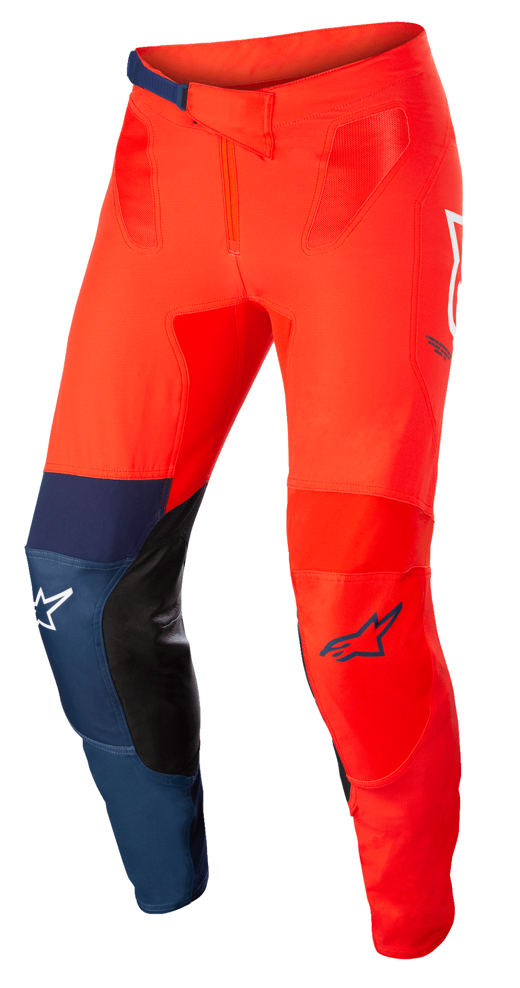 Alpinestars Supertech Blaze Pants, Motocross Off-Road Pants, Bright Red and Dark Blue with White accents, featuring black leather inner knee patches, adjustable ratchet waist closure, white and blue Alpinestars logos, durable stretch construction for motocross racing