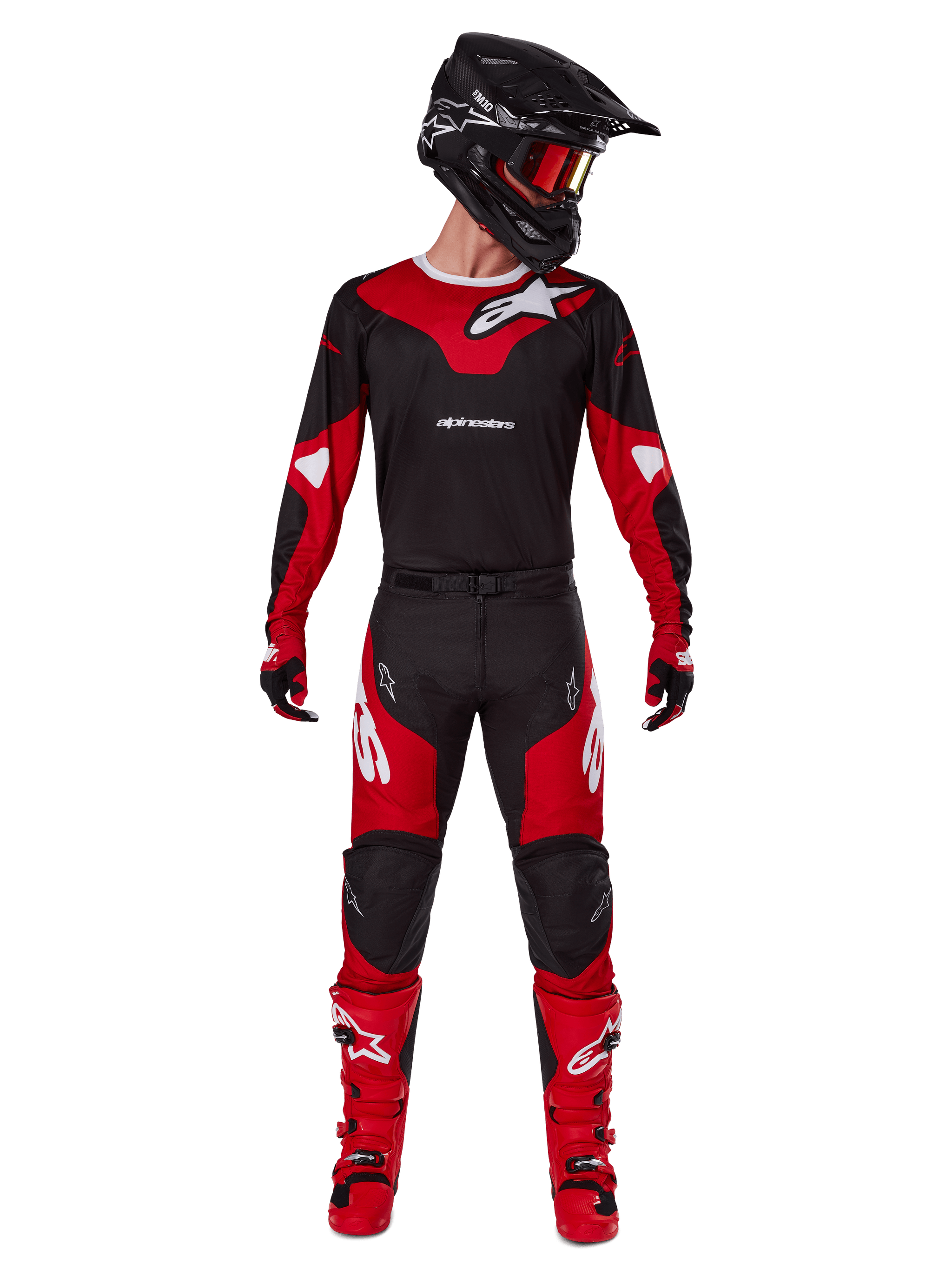 Alpinestars 2025 Racer Veil Pants, Motocross Pants, Black and Bright Red, worn as part of a complete racing gear set with matching jersey, black helmet, red goggles, and red boots, featuring bold white Alpinestars logos and athletic design for off-road performance.