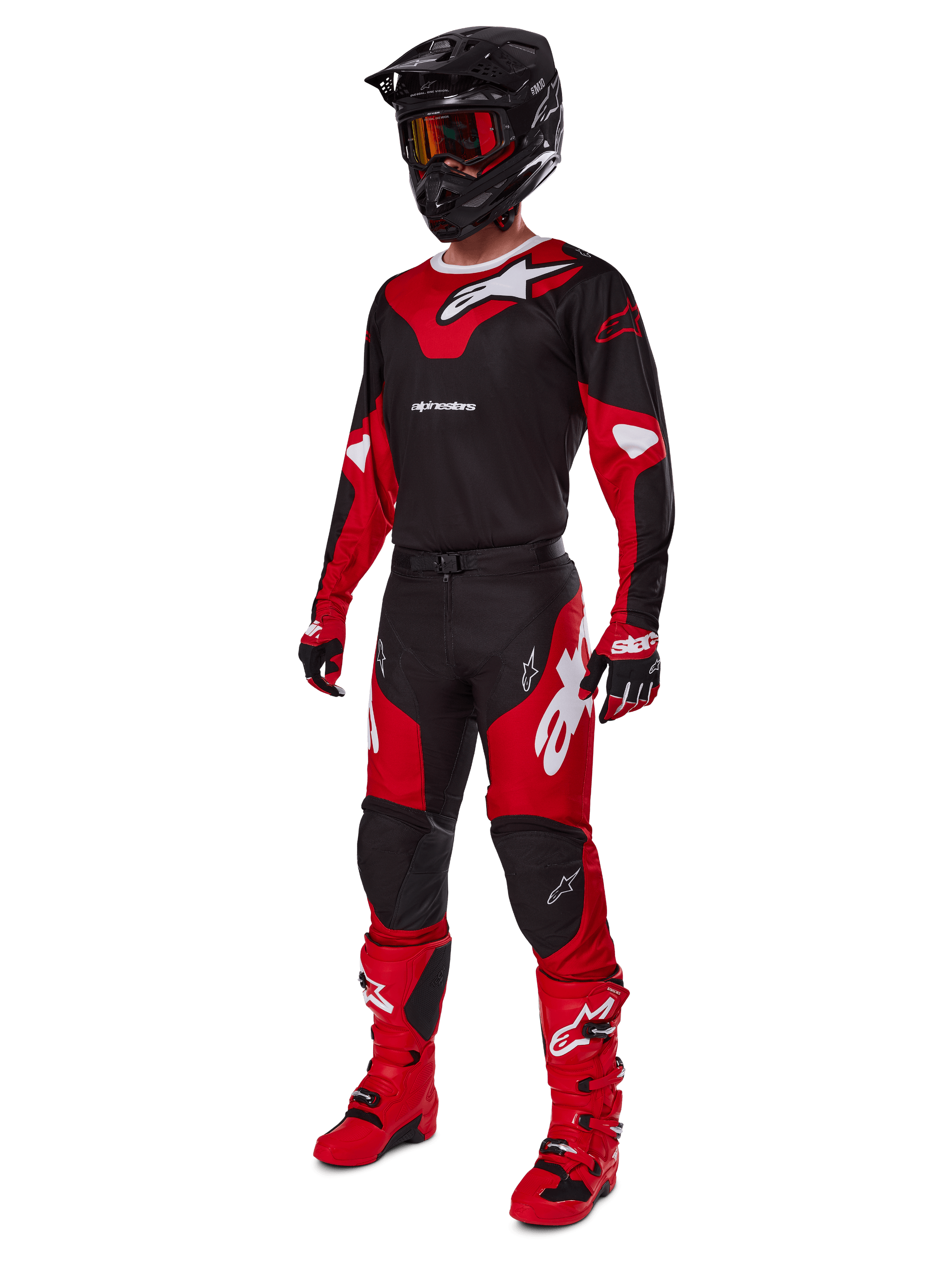 Alpinestars 2025 Racer Veil Pants, Motocross Pants, Black and Bright Red, worn as part of a complete racing gear set with matching jersey, black helmet, red goggles, and red boots, coordinated outfit for off-road performance.