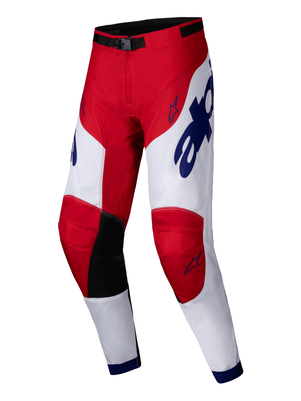 Alpinestars 2025 Racer Veil Pants, Motocross Pants, Bright Red and White with Blue accents, black inner knee panels, ergonomic pre-curved design, bold branding and star logos, durable gear for off-road racing