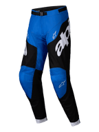 Alpinestars 2025 Racer Veil Pants, Motocross Pants, Blue and Black, featuring large white Alpinestars branding, black side panels, blue knee sections, and an adjustable waist buckle.