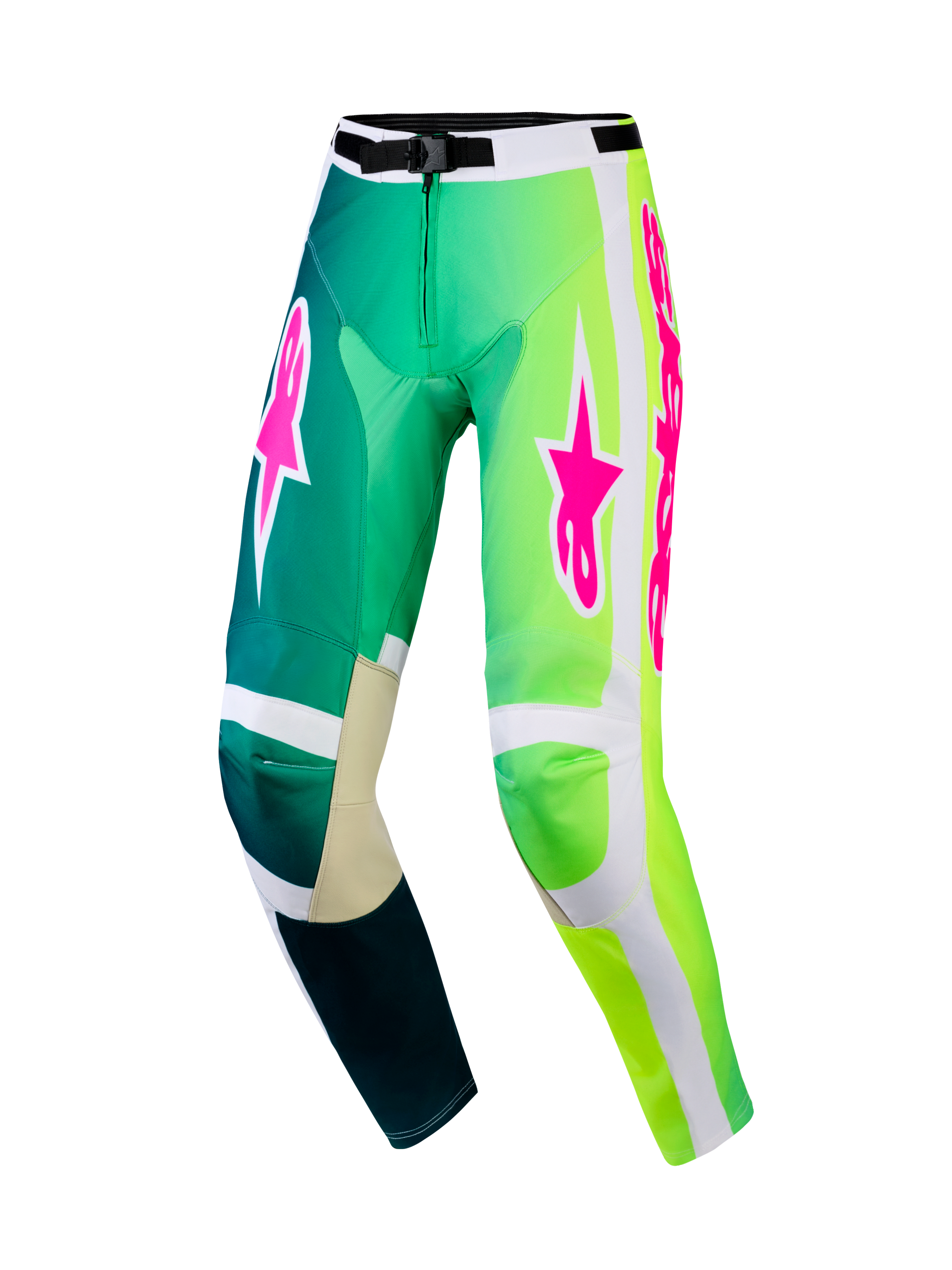 Alpinestars 2026 Racer Portl Pants, Motocross Pants, Green and White with vibrant pink logos, featuring a gradient design from teal to neon green, reinforced inner knees, and a secure waist buckle for off-road racing.