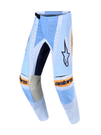 Alpinestars 2027 Techstar Maven Motocross Pants in Dust Blue and Tangerine, featuring 600D polyfabric, laser-cut ventilation, and articulated Babel knee construction for high-performance MX racing.