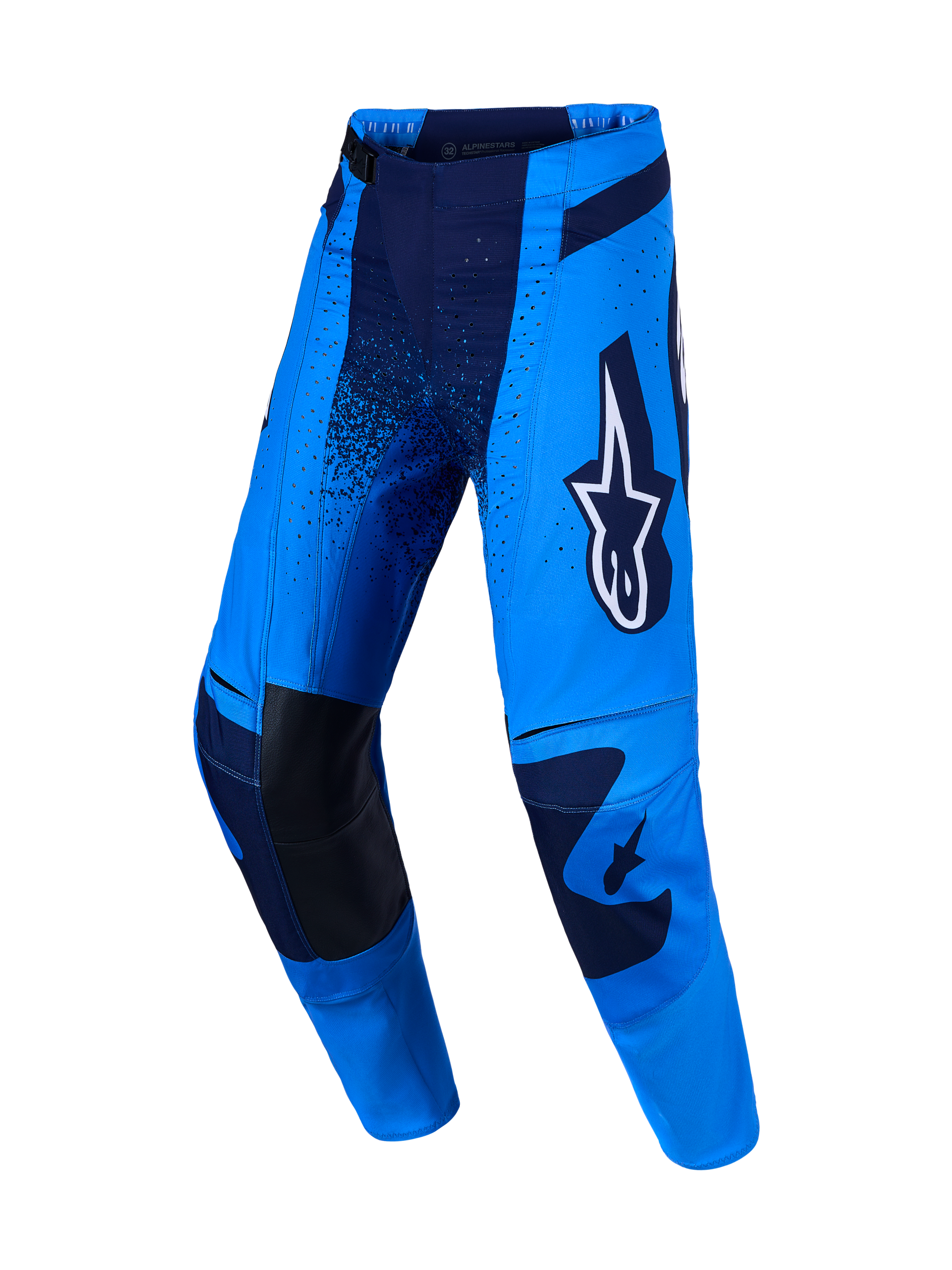 Alpinestars Techstar Swan Pants, professional motocross racing pants in blue and deep blue with reinforced leather knees.