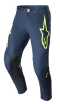 Alpinestars 2023 Supertech Bruin Pants, Motocross Pants, Night Navy and Yellow Fluo, featuring black reinforced knee panels, perforated ventilation, and adjustable magnetic waist buckle, durable racing design