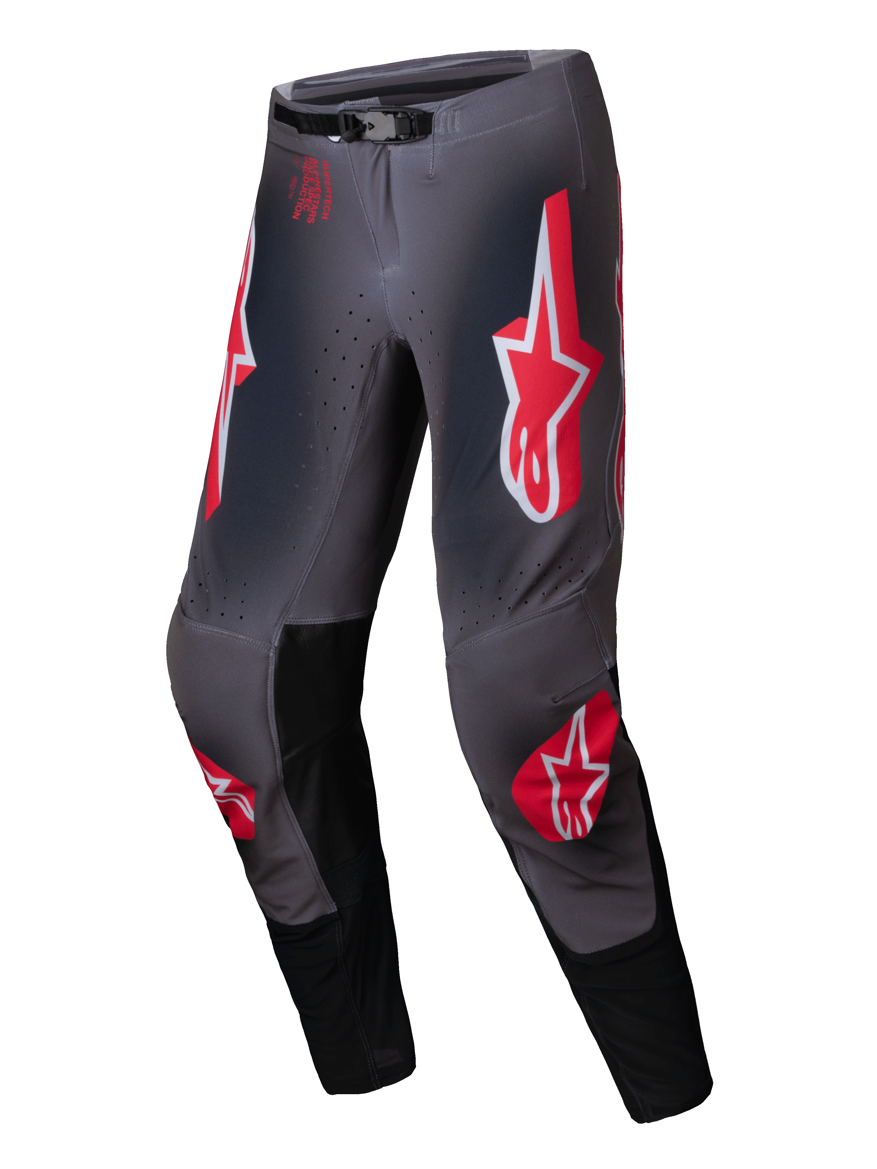 Alpinestars 2025 Supertech Lipan Pants, Motocross Off-Road Pants, Smoke and Bright Red, featuring stretch rip-stop construction, leather knee panels, and SX1 auto-lock magnetic buckle