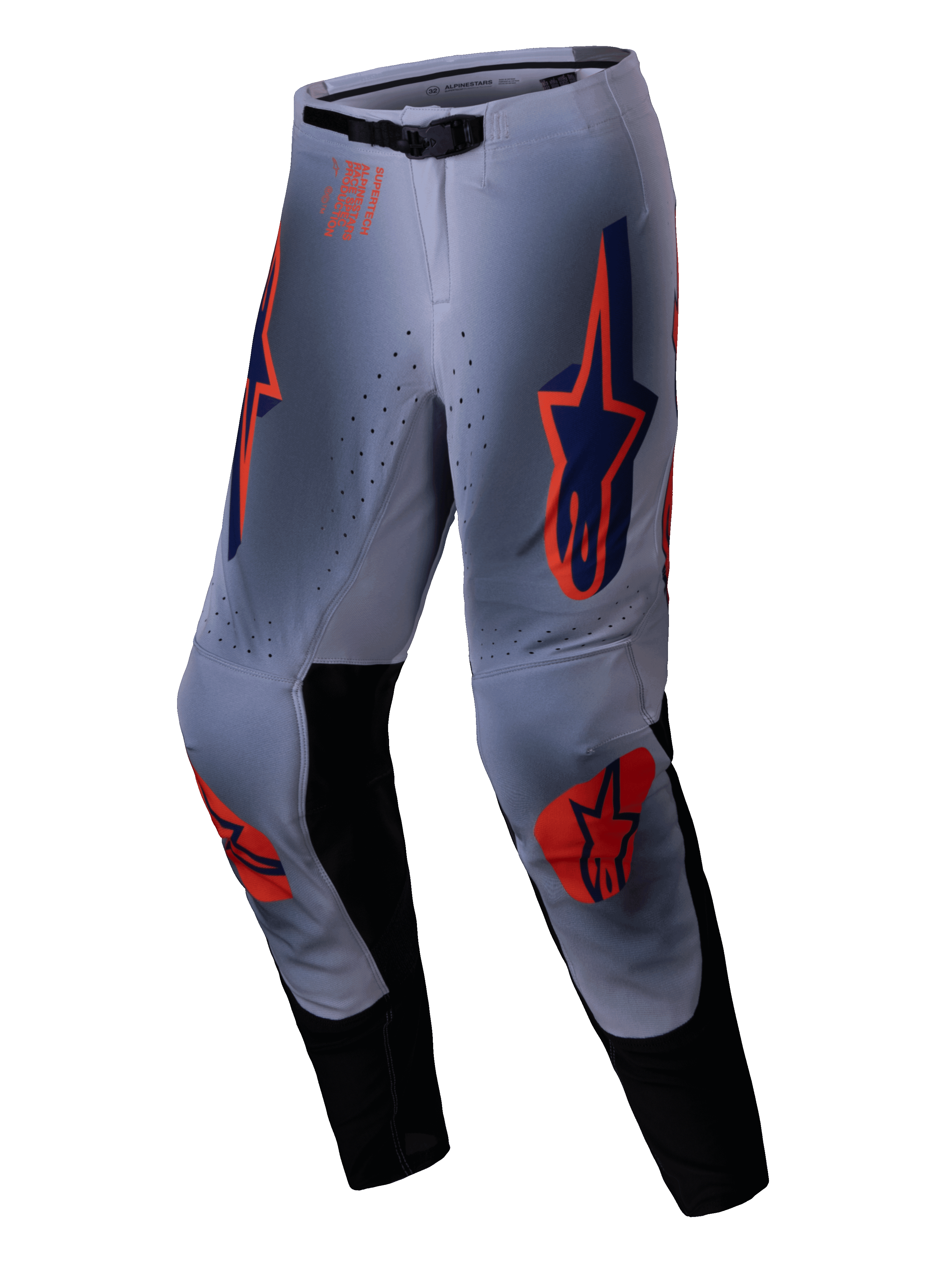 Alpinestars 2025 Supertech Lipan Pants, Motocross Pants, Gray and Orange Fluo, featuring vibrant orange and navy blue star logos on the thighs and knees, black inner leg panels, and an adjustable waist belt, designed for pro-level off-road performance.
