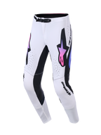 Alpinestars 2026 Supertech AFD Vista Pants, Motocross Pants, White with Black and Pink-Purple gradient accents, featuring prominent star logos on the thighs, laser-cut perforations, and athletic-fit construction for professional-level off-road racing