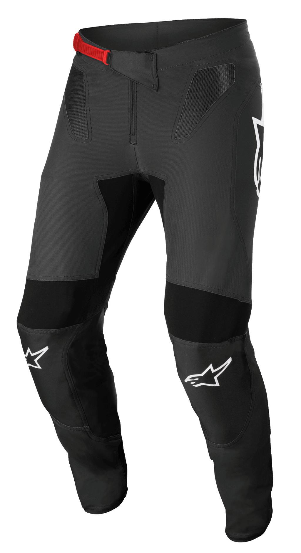 Alpinestars Supertech Foster Pants, Motocross Racing Pants, Black and Gray, featuring a red waist buckle, white knee logos, reinforced knee and thigh protection, ventilated mesh panels, and a fitted design for active riding