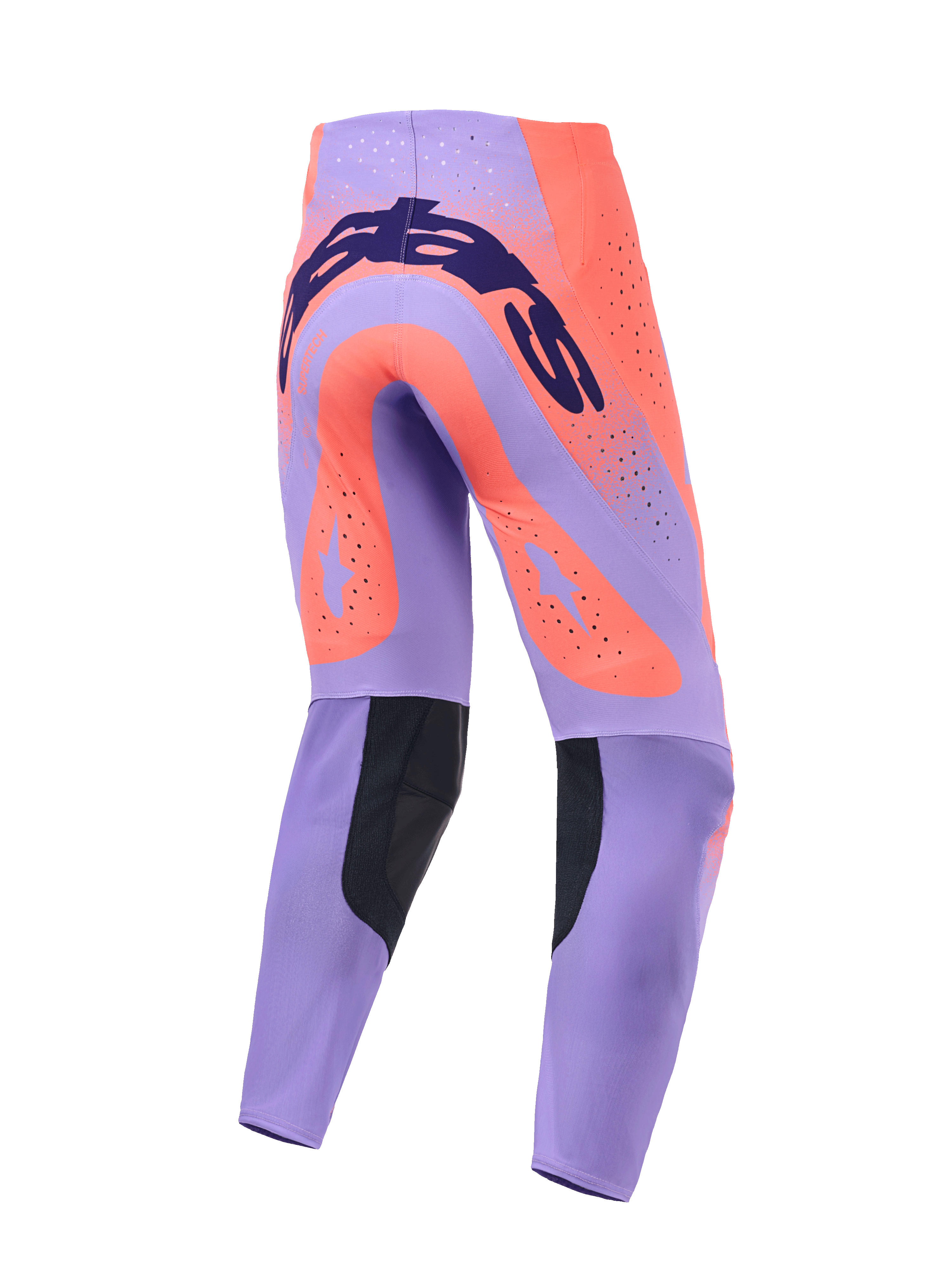 Alpinestars 2026 Supertech Scenz Pants, Motocross Pants, Hot Coral and Purple, rear view featuring dark blue branding across the seat, large coral star accents on the thighs, black inner calf panels, and laser-cut ventilation holes.