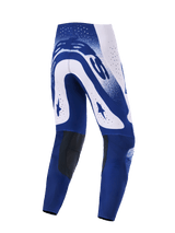 Alpinestars 2026 Supertech Scenz Pants, Motocross Pants, Light Gray and Dark Blue, rear view showing bold white and blue graphics with large Alpinestars logos, athletic fit with dark inner knee panels.