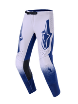 Alpinestars 2026 Supertech Scenz Pants, Motocross Pants, Light Gray and Dark Blue, featuring a large blue Astars logo on the thigh, black leather inner knee panels, and perforated ventilation holes, gradient effect on lower legs, professional racing gear for off-road performance