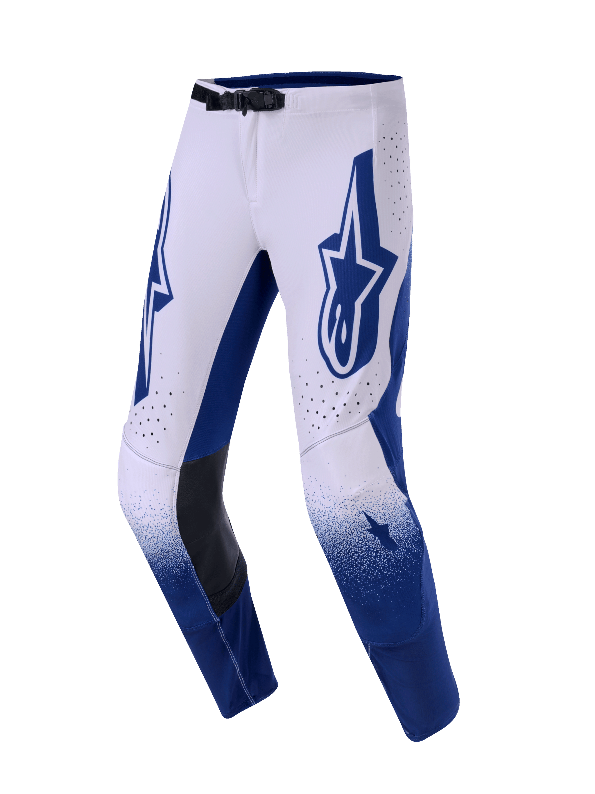 Alpinestars 2026 Supertech Scenz Pants, Motocross Pants, Light Gray and Dark Blue, featuring a large blue Astars logo on the thigh, black leather inner knee panels, and perforated ventilation holes, gradient effect on lower legs, professional racing gear for off-road performance