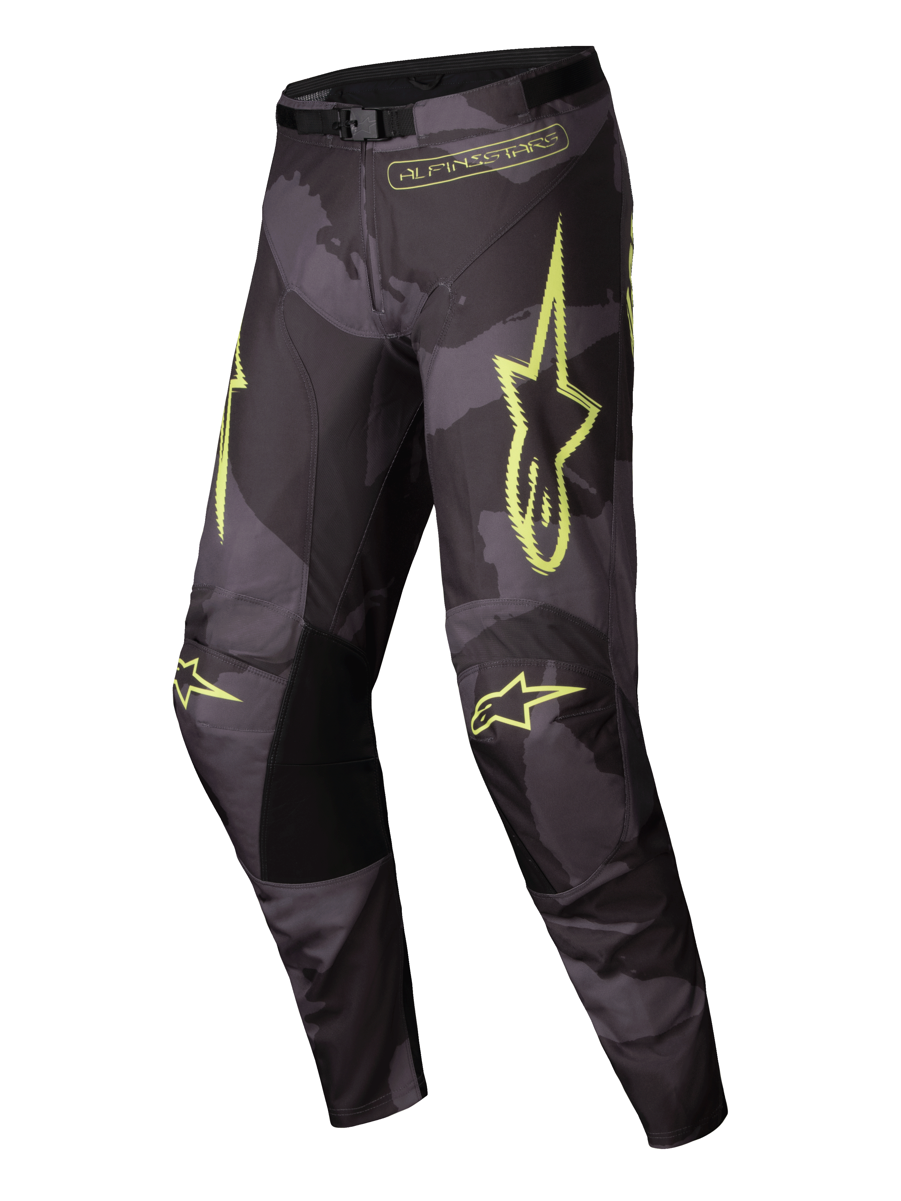 Alpinestars 2025 Racer Hollow Pants, motocross riding pants for men, Dark Camo and Yellow Fluo, lightweight moisture-wicking off-road gear with ergonomic pre-curved construction