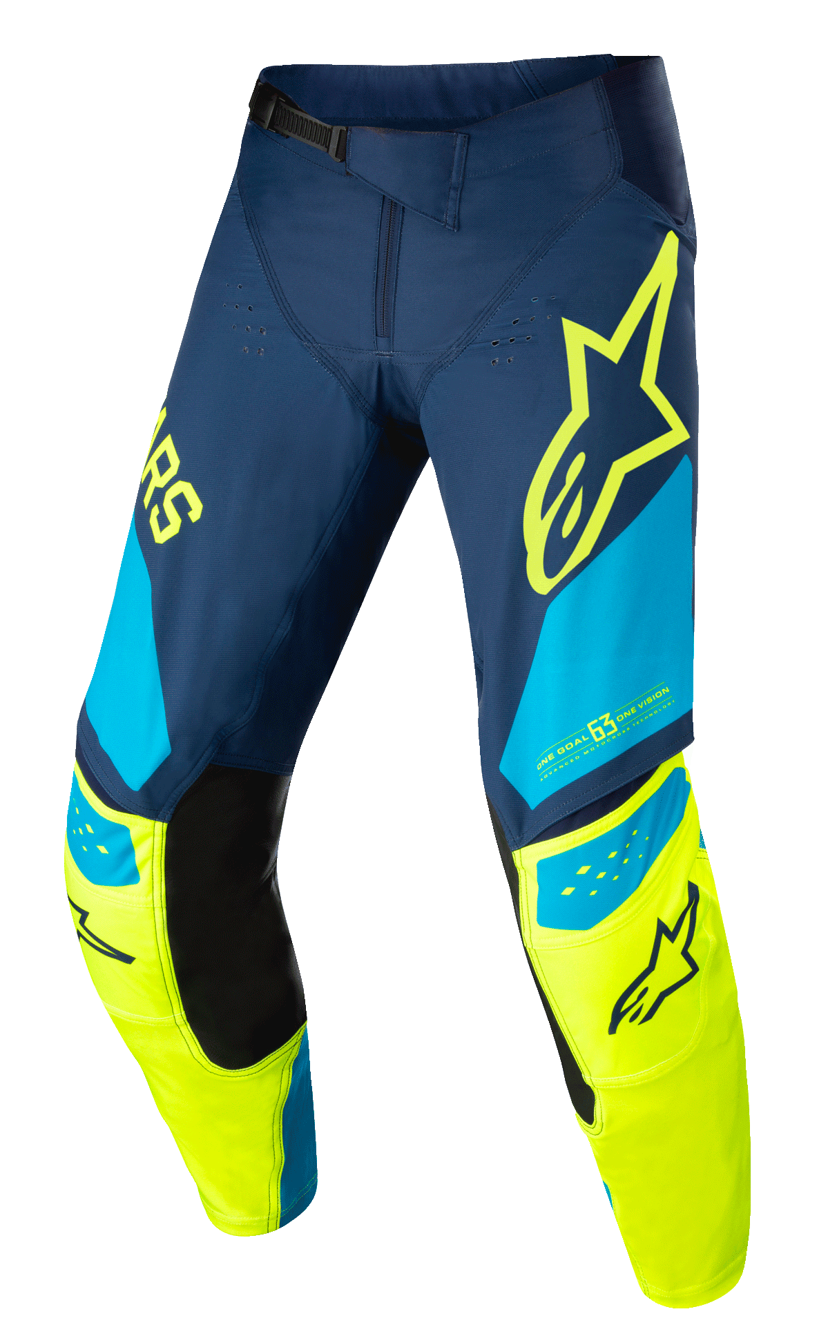 Alpinestars Techstar Factory Pants, Motocross Racing Pants, Dark Blue, Yellow Fluo and Light Blue, featuring black inner knee panels, yellow star logo on the thigh, "ONE GOAL ONE VISION" branding, and perforated ventilation zones for performance off-road gear
