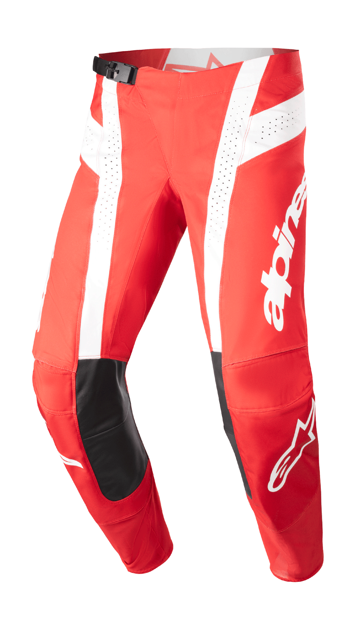 Alpinestars 2023 Techstar Arch Pants, Motocross Racing Pants, Mars Red and White, black leather knee patches, perforated ventilation panels, adjustable waist buckle, performance off-road gear