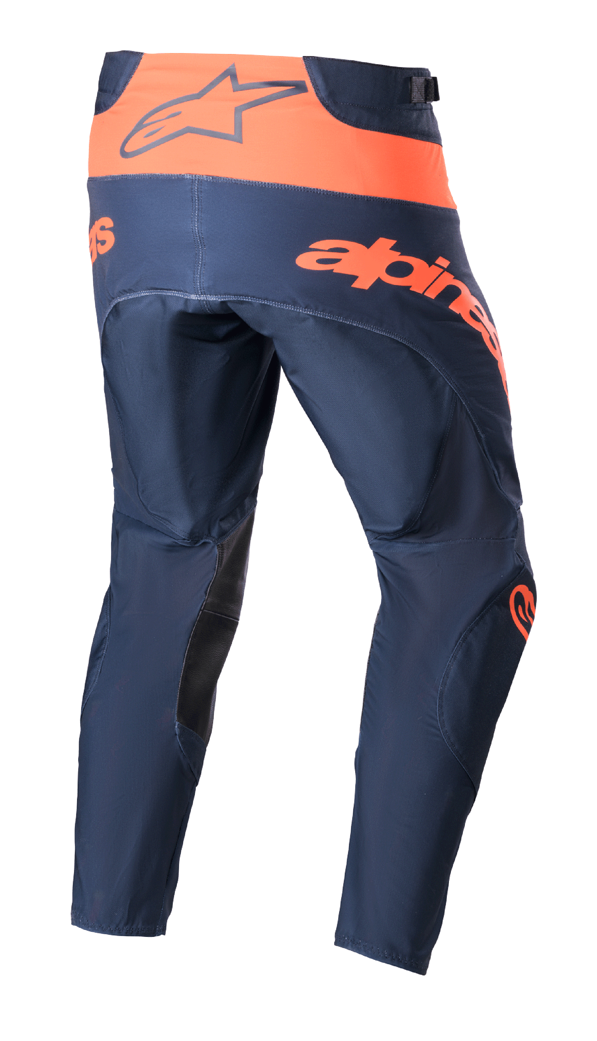 Alpinestars 2023 Techstar Arch Pants, Motocross Pants, Night Navy and Hot Orange, rear view showing orange waistband with Alpinestars logo, large orange text across the seat, and black inner leg reinforcements