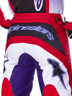 Alpinestars 2025 Fluid Wurx Pants, Motocross Pants, Purple Bright Red, rear close-up view featuring bold Alpinestars branding on the black seat panel, red, white, and purple color-blocked design, professional off-road racing gear