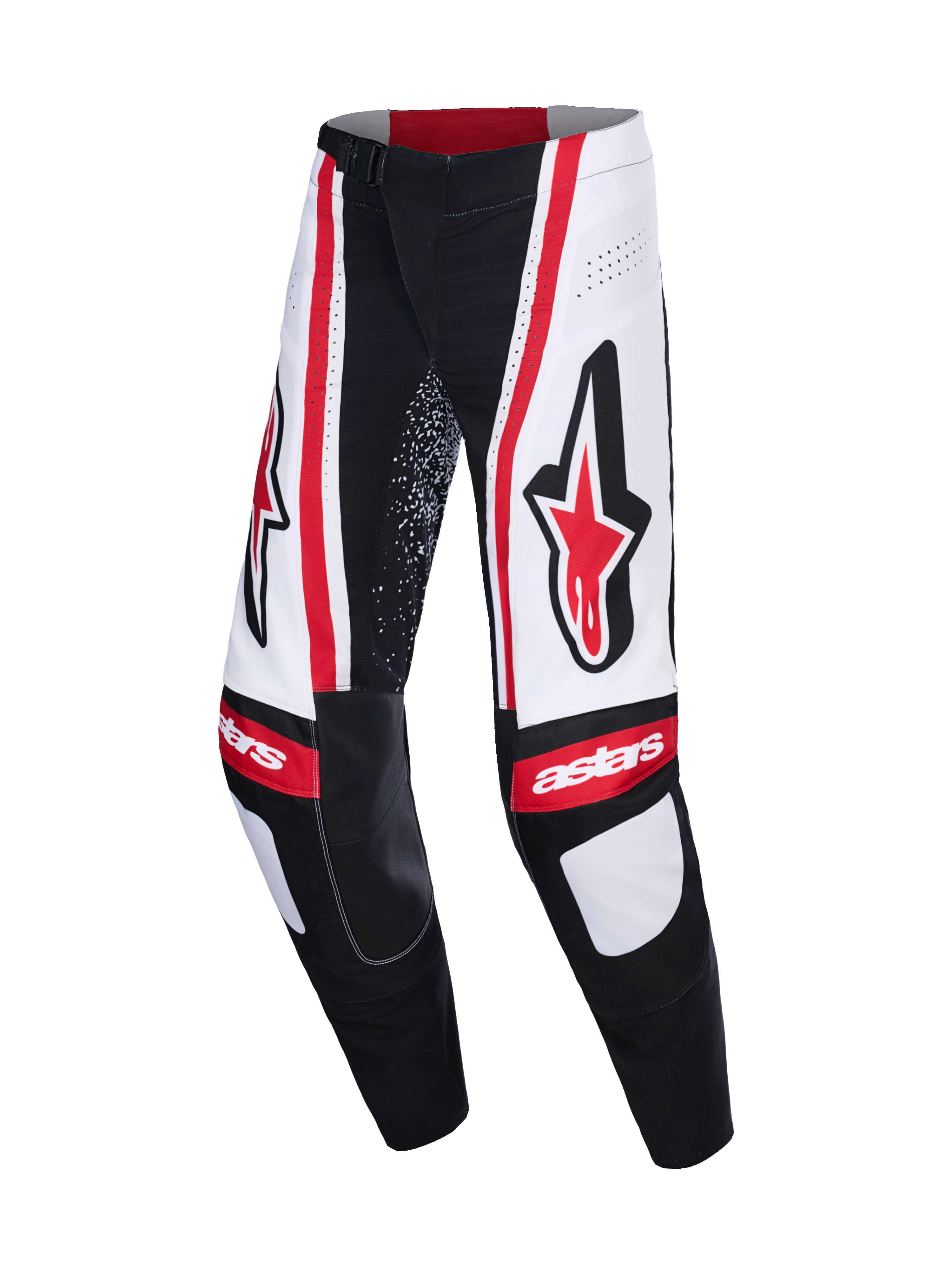 Alpinestars 2026 Techstar Nomur Pants, Motocross Pants, Black White and Red, featuring large red Astars logos on the thighs, white panels with vertical red stripes, and "astars" branding on the knees.