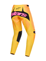 Alpinestars 2026 Techstar Nomur Pants, Motocross Pants, Orange Yellow and Pink, rear view featuring large pink branding on a black seat panel, vibrant yellow and orange gradient design with black accents on inner legs, high-performance off-road racing gear