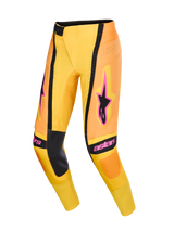 Alpinestars 2026 Techstar Nomur Pants, Motocross Pants, Orange Yellow and Pink, featuring black inner knee panels and bold pink Alpinestars logos, technical design with ventilated perforations and athletic race fit, high-performance gear for off-road racing