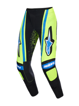 Alpinestars 2026 Techstar Nomur Pants, Motocross Pants, Yellow Fluo and Dark Navy with UCLA Blue accents, featuring bold Alpinestars star logo and 'astars' branding, reinforced knee panels, and perforated details for airflow.