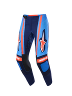 Alpinestars 2026 Techstar Nomur Pants, Motocross Pants, Dark Navy, Orange, and UCLA Blue, featuring bold Alpinestars branding on the thighs, 'astars' logo on the knees, magnetic waist buckle, and laser-cut perforations for airflow, high-performance off-road gear