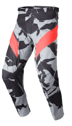 Alpinestars 2023 Racer Tactical Pants, Motocross Off-Road Pants, Cast Gray Camo and Black pattern with Mars Red diagonal accents, leather reinforced inner-leg panels, ratchet waist closure, ergonomic pre-curved design for off-road riding