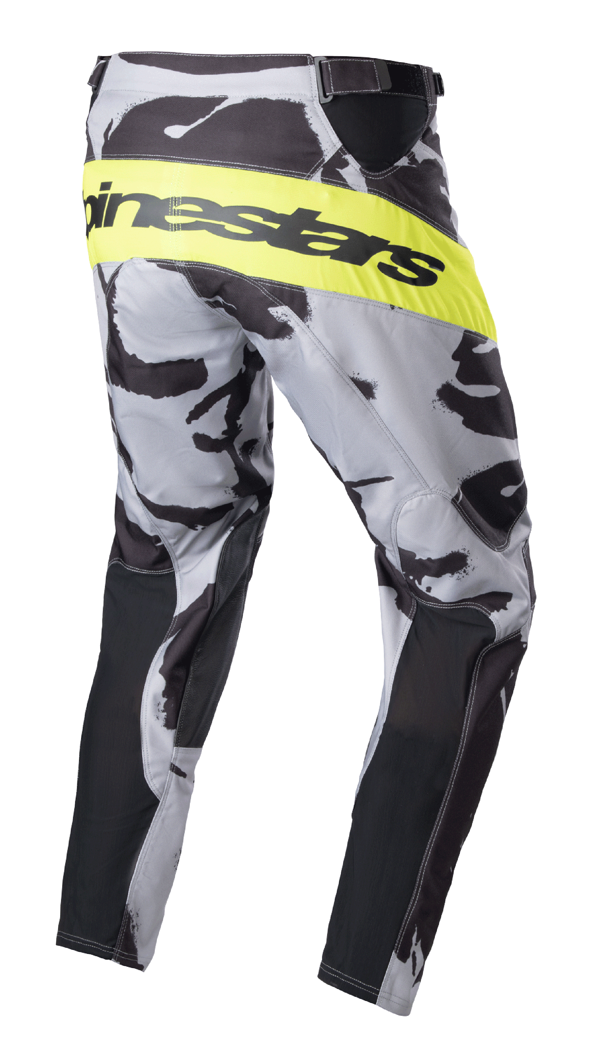 Alpinestars 2023 Racer Tactical Pants, Motocross Pants, Cast Gray Camo and Yellow Fluo, Rear-side view featuring a bright yellow fluorescent band with black Alpinestars branding, camouflage pattern with black inner-leg panels, performance off-road gear