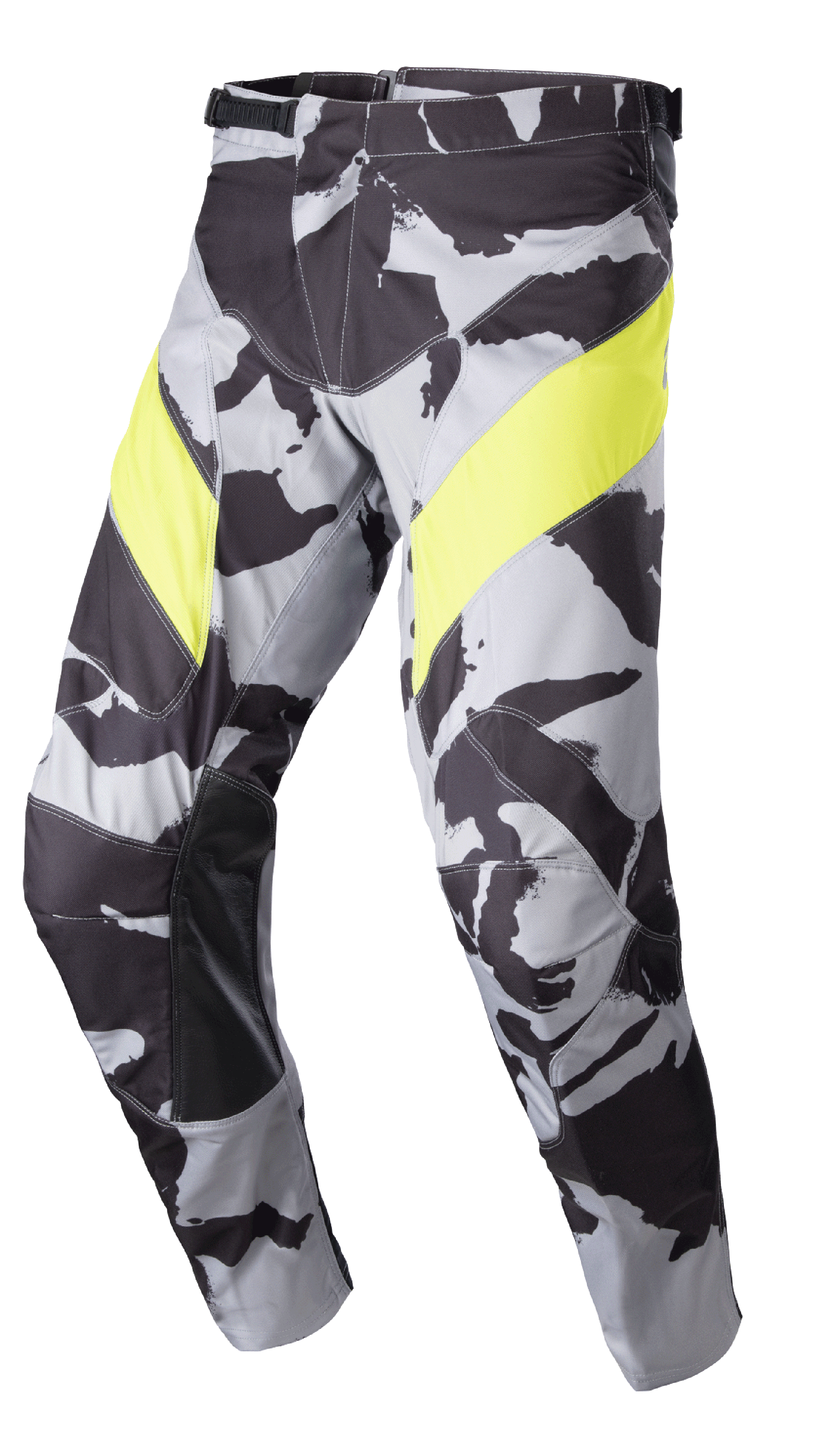 Alpinestars 2023 Racer Tactical Pants, Motocross Pants, Cast Gray Camo and Yellow Fluo, featuring a gray camouflage pattern with bold yellow thigh panels, black leather inner knee reinforcements, and a ratchet waist closure for off-road racing.