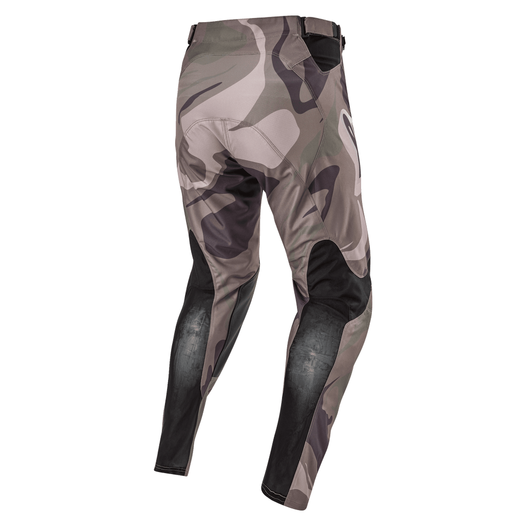 Alpinestars 2024 Racer Tactical Pants, Motocross Pants, Military Green Camo Brown, back view showing black breathable stretch panels on lower legs and camouflage design, durable textile for off-road racing