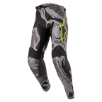 Alpinestars 2024 Racer Tactical Pants, Motocross Pants, Cast Gray Camo Magnet, gray and black camouflage pattern with neon yellow Alpinestars logo, black panels on inner thighs and knees, pre-curved sport fit for off-road racing