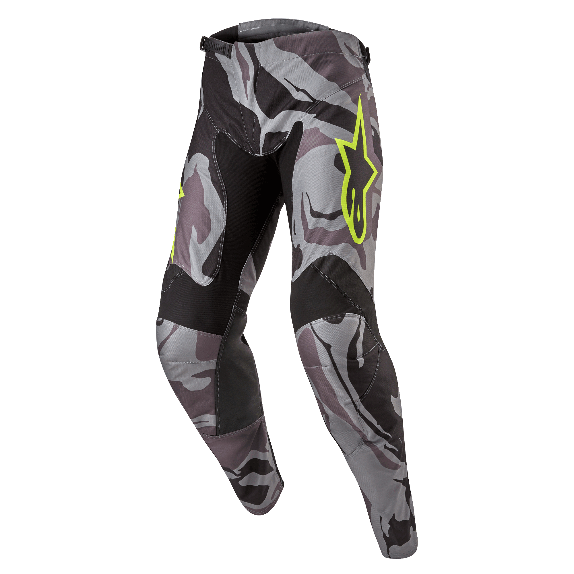 Alpinestars 2024 Racer Tactical Pants, Motocross Pants, Cast Gray Camo Magnet, gray and black camouflage pattern with neon yellow Alpinestars logo, black panels on inner thighs and knees, pre-curved sport fit for off-road racing