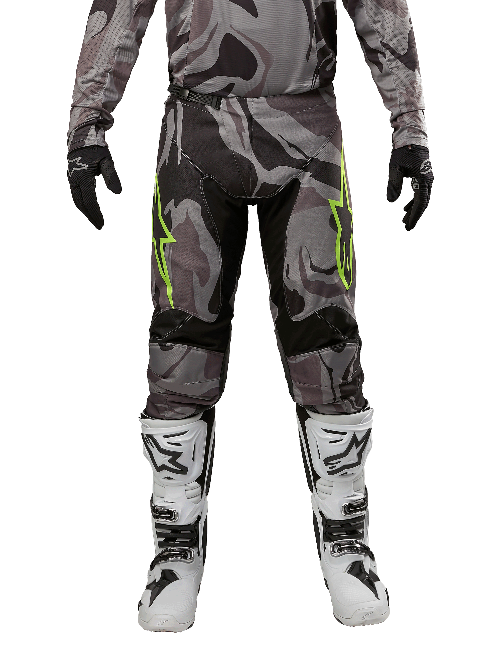 Alpinestars 2024 Racer Tactical Pants, Motocross Pants, Cast Gray Camo Magnet, worn with matching camo jersey, black gloves, and white and black boots, featuring lime green star logos on the thighs and black stretch panels, front view for off-road riding gear