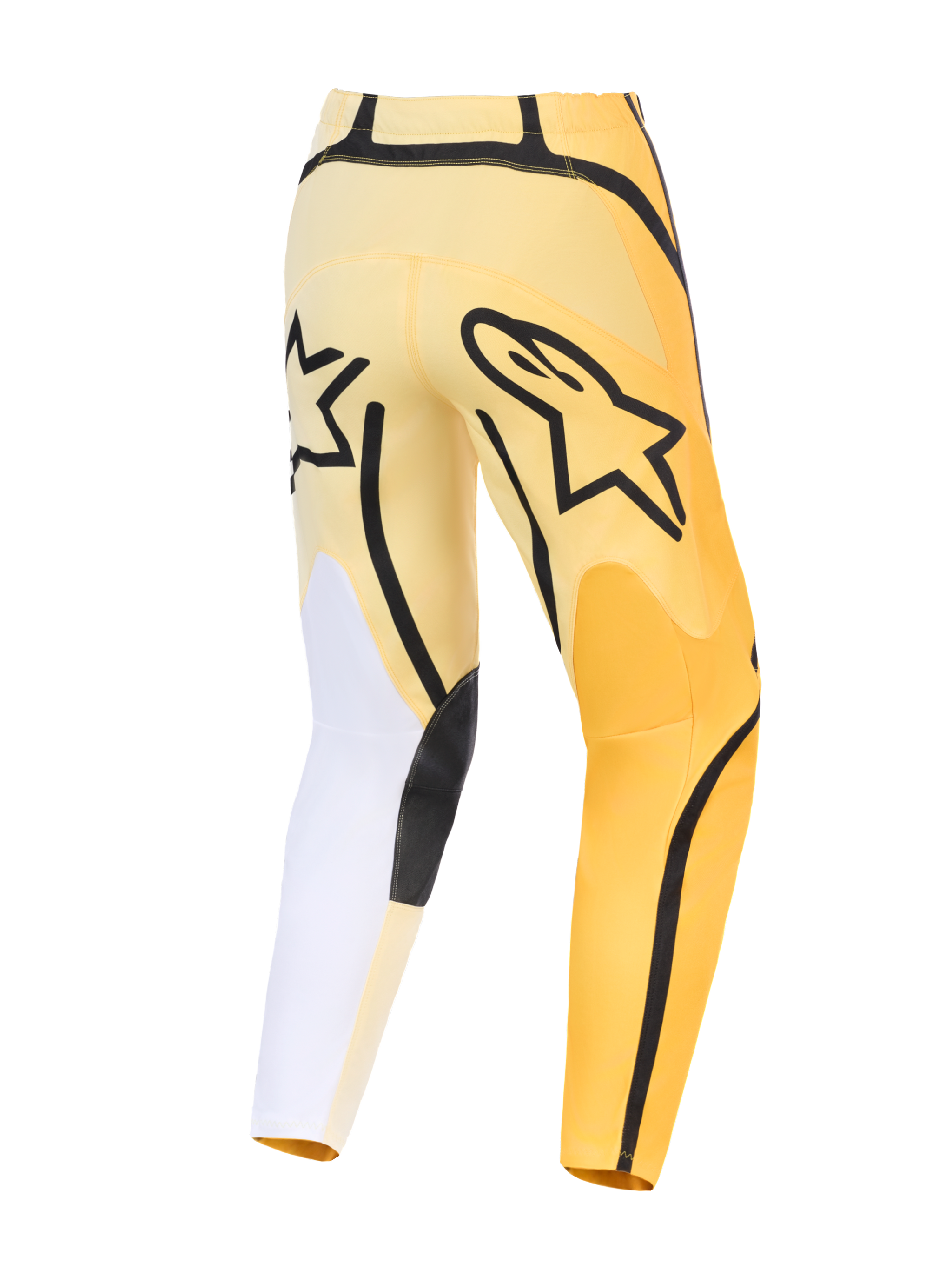 Alpinestars 2026 Fluid Apex Pants, Motocross Pants, Yellow and Black with white accents, rear view featuring bold black Astars logo, asymmetric design with durable reinforced panels and pre-curved fit.
